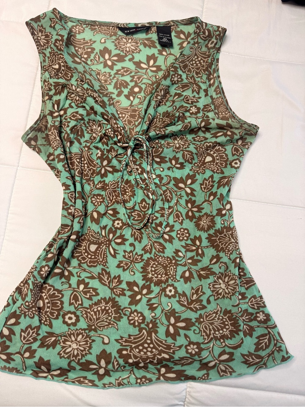 New York & Company Mint and Brown Floral Tie-Front Tank